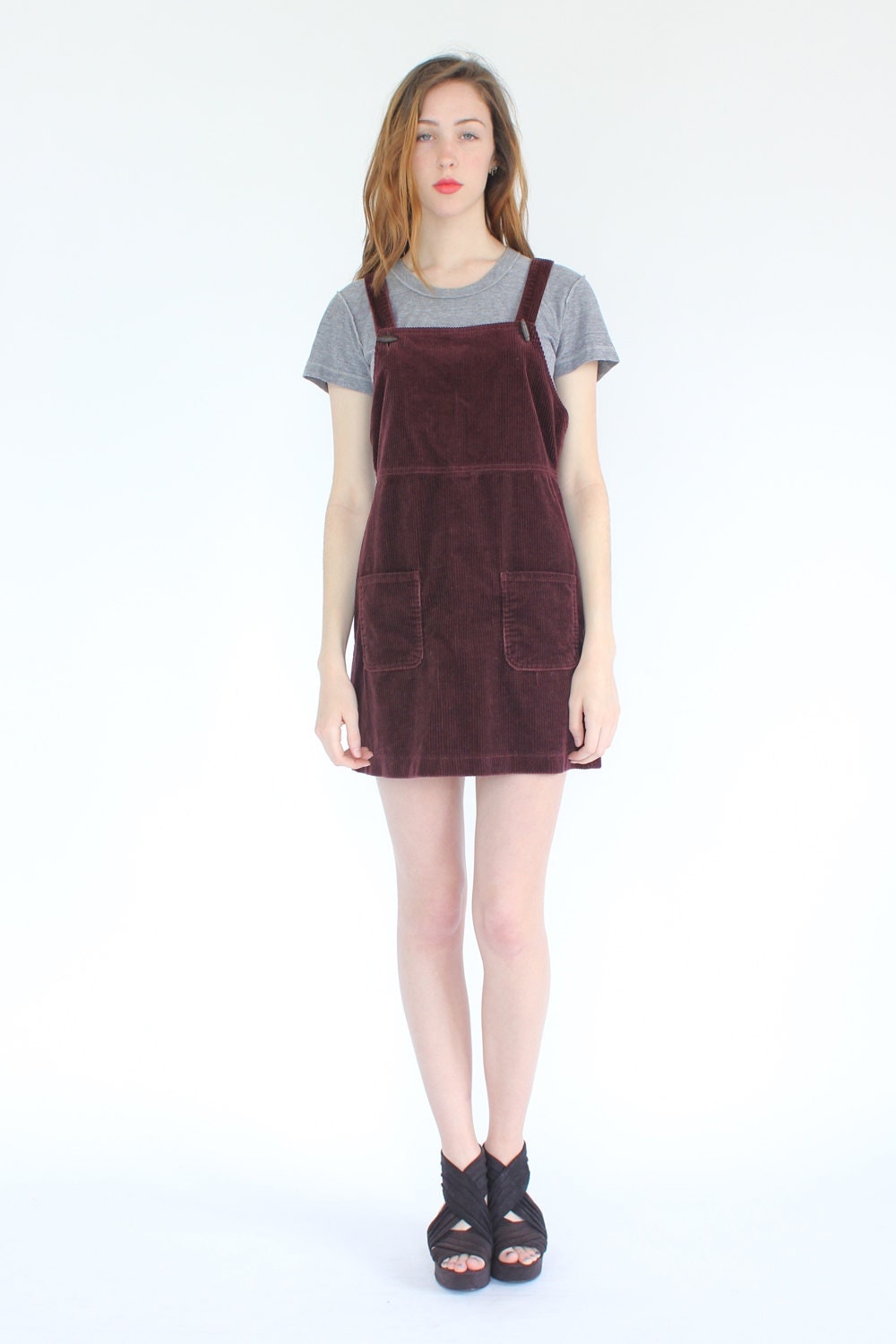 vintage 90s berry corduroy overall jumper dress