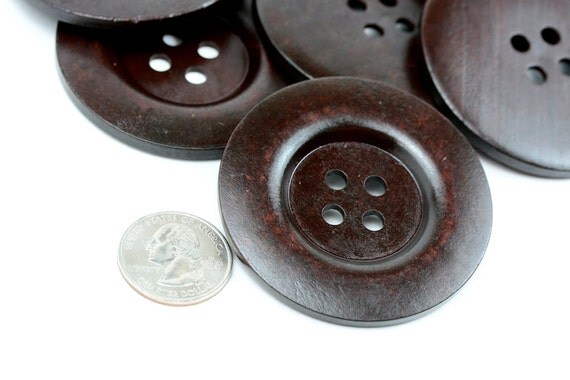 12 pcs Big Dark Brown Wood Buttons 60mm 6cm 2.375 inches - 4 holes