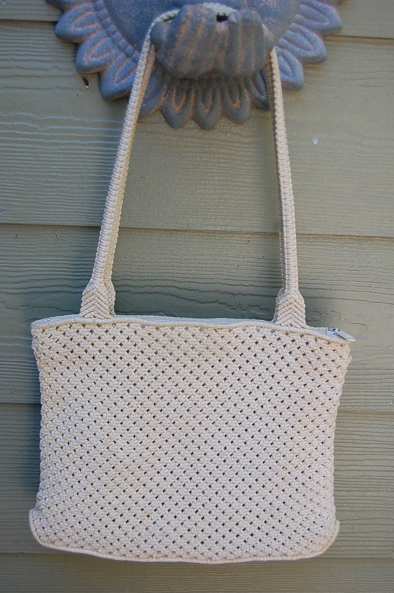 Vintage Beige Crochet Mid 70s Purse Bag Tote Made in