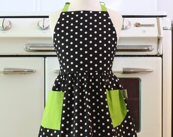 Retro Apron Black and White Polka Dot with Lime Green Full Apron for Little Girls