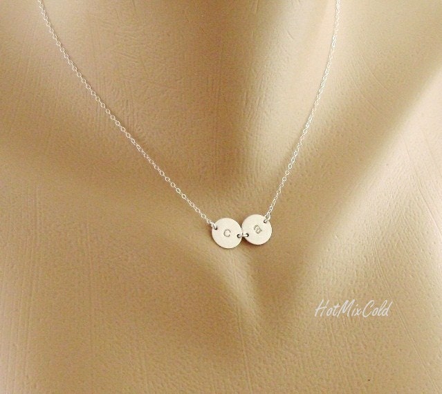 TWO Initial Charm Necklace / Tiny Monogram Disc Jewelry