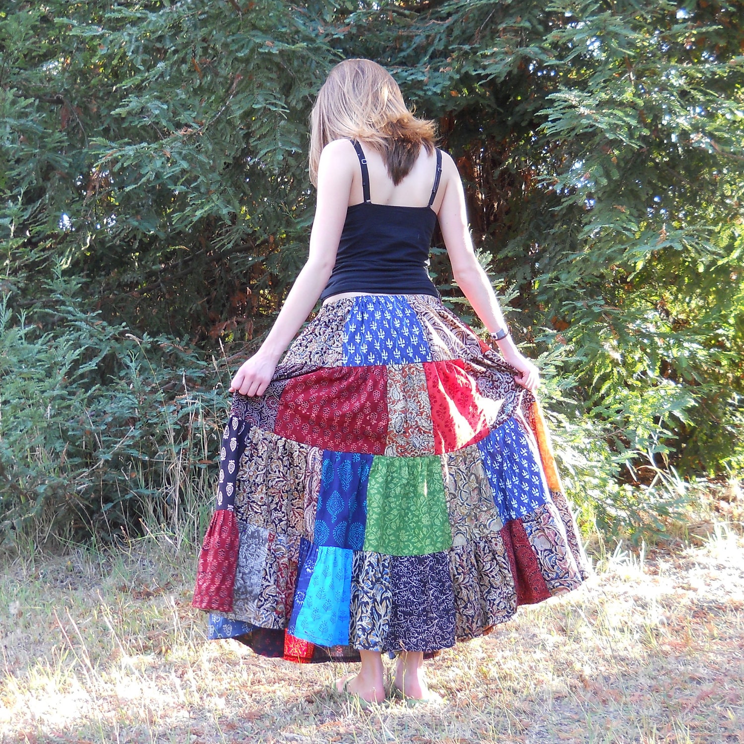 Womens Long Patchwork Skirt 4 tiers handmade for all sizes to