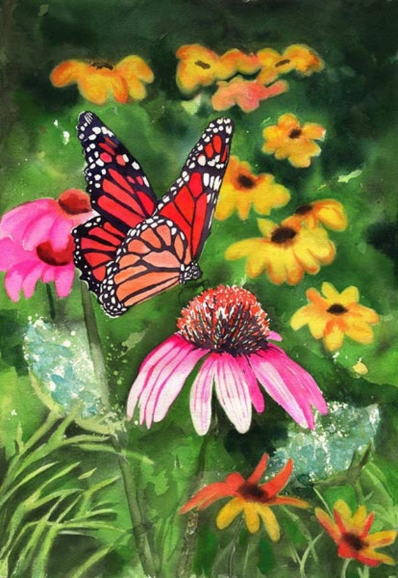 Flower Butterfly Cone Flower Print of an Art watercolor