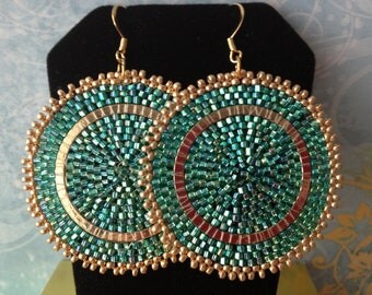 Beaded Earrings - Big Bold Emerald Green Seed Bead Disc Earrings