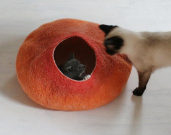 Cat Bed / Cave / House / Vessel - Hand Felted Wool - Warm Orange Stone - Crisp Contemporary Design