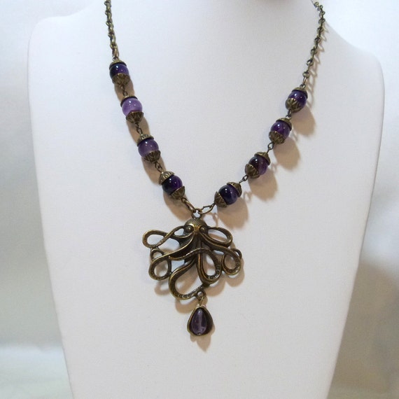 Purple Agate Bronze Octopus Chain Necklace