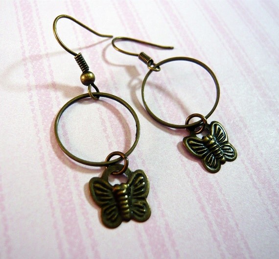 Antique Bronze Butterfly Hoop Earrings by MaruMaru on Etsy