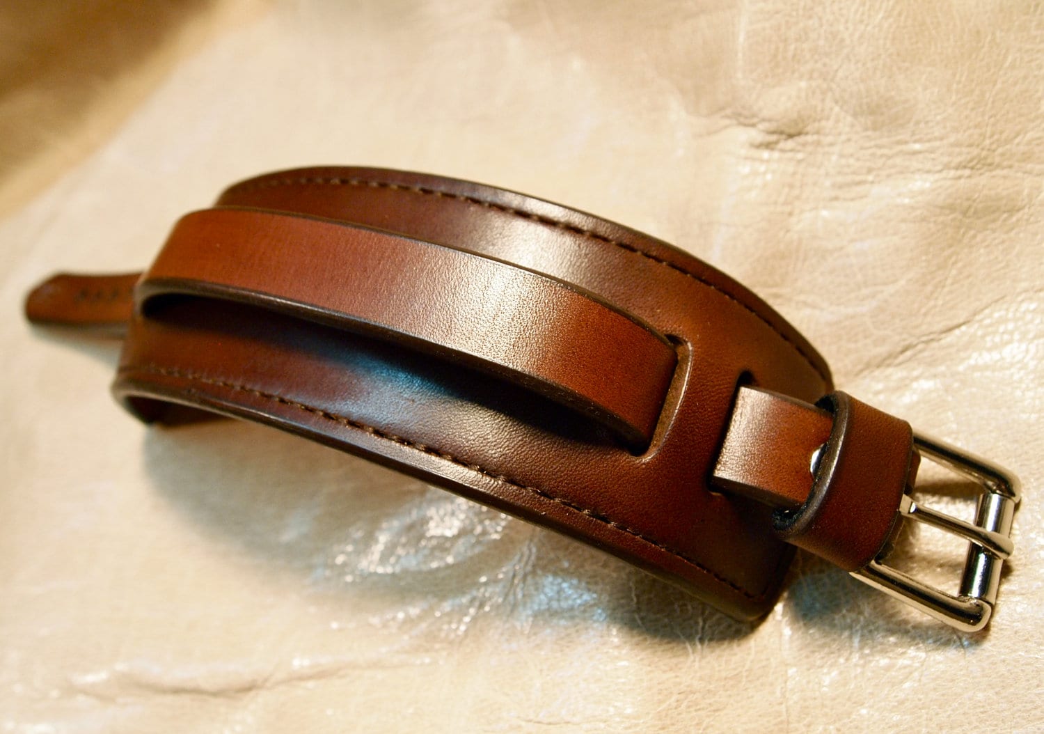 Leather cuff Bracelet brown handstitched custom crafted for