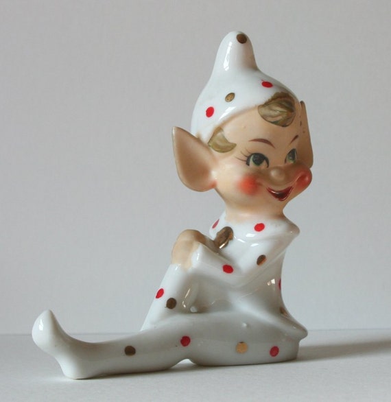 Cute Vintage White Polka Dot Ceramic Christmas Elf by retrokitsch