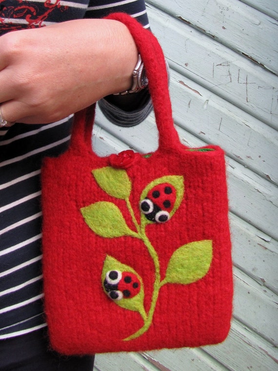 Felted bag purse red wool pouch hand knit needle felt ladybugs