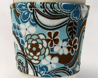 Coffee Cozy/Cup Sleeve, Eco Friendly, Slip-on, Teacher Appreciation, Co-Worker Gift, Bulk Discount: Brown and Blue Floral Print