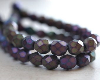 Matte Iris Purple Czech Glass Bead 6mm Firepolish Faceted Round Bead - 25 pc Strand