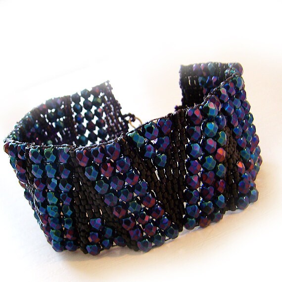 Items similar to Facetated Glass Bracelet in Black Delica and Bohemian ...