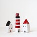RESERVED for Jackie - Two little clay houses and a striped lighthouse - white, black and red