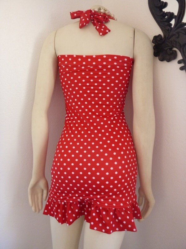 Red And White Polka Dot Ruffle Two Piece Swim Dress Retro 3451