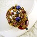 Vintage Brooch Rhinestone Purple Pink Red Blue Flowers Leaves Gold Tone Pin