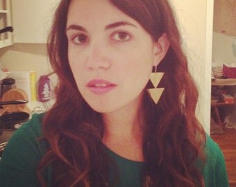 Double Triangle Drops - Brass Triangle Dangle Earrings