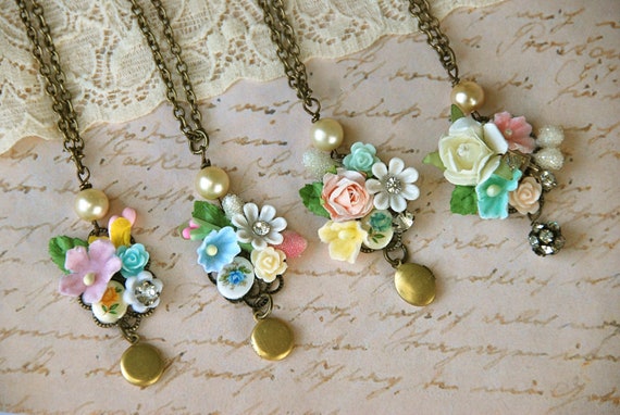 Bridesmaid floral shabby chic necklace set. by tiedupmemories