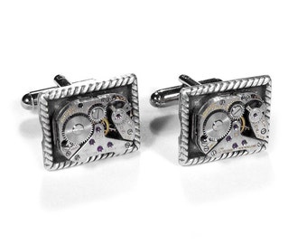 Steampunk Cufflinks Vintage Ruby Jewel Watch Mens Cuff Links Silver Braid Rope Wedding Anniversary Groom Fiancee Dad - Jewelry by edmdesigns