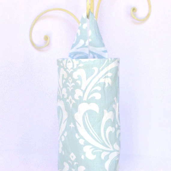 Fabric Plastic Grocery Bag Holder Smoky Light Blue and White Flourish