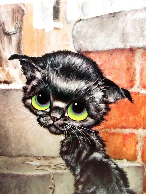 Vintage Gig Pity Kitty Illustration Print Black Big Eye Cat
