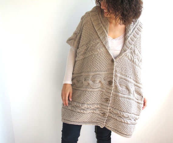 Boyfriend Cardigan Ecru Cable Knit Poncho Tunic with by afra