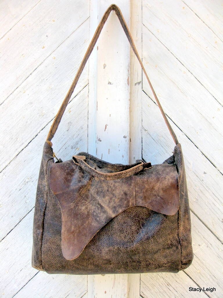 Distressed Brown Leather Satchel Bag with Rustic Character by