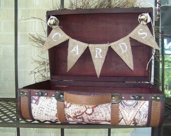 Large Wedding Card Box with Burlap CARDS Banner with Burnt Fabric Roses