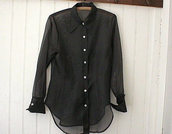Black sheer blouse button up shirt pearl buttons by asundrynotion