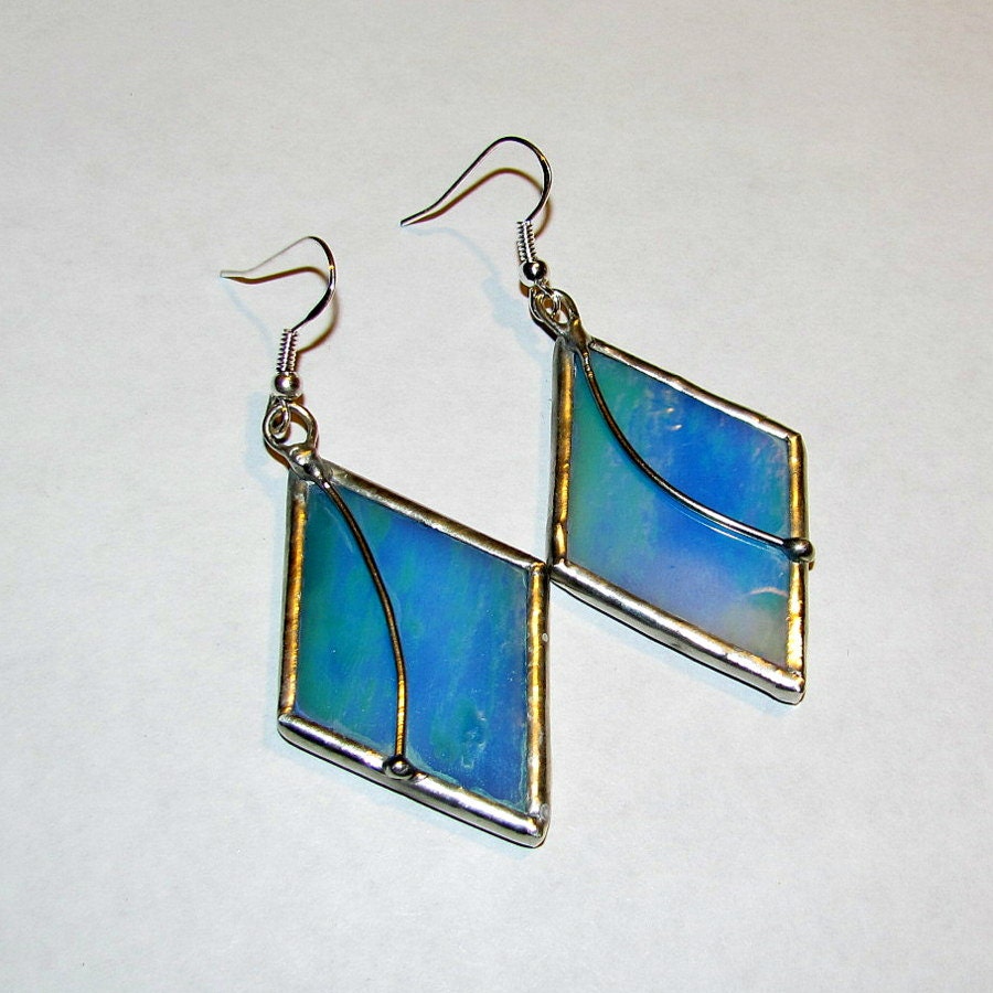 Stained Glass Earrings Iridescent Aqua Blue Diamond Shaped