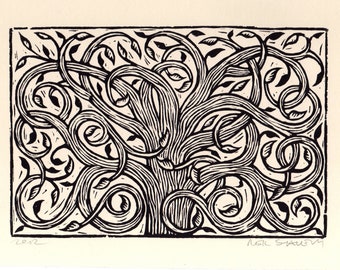Tree Art - Tree Linocut Art Print - Hand Printed Tree - Intricate Tree Print - Nature Art - Linocut Print