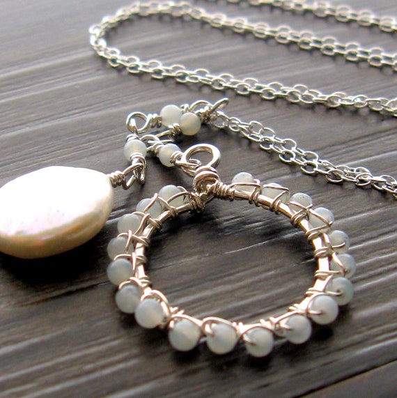 Items similar to Sterling Silver lariat with pearl coin and pale blue ...