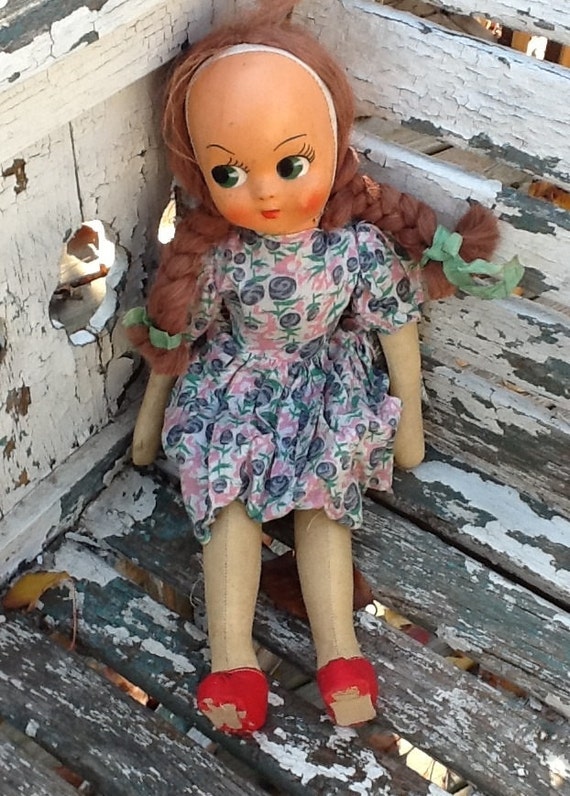 Vintage Cloth Doll with Plastic Face Original Clothes Braided