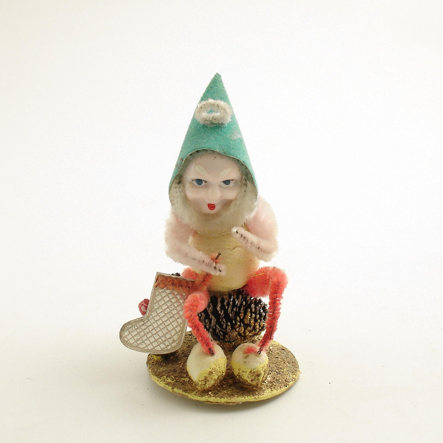 Vintage Christmas Ornament Pinecone Elf Gnome w Stocking