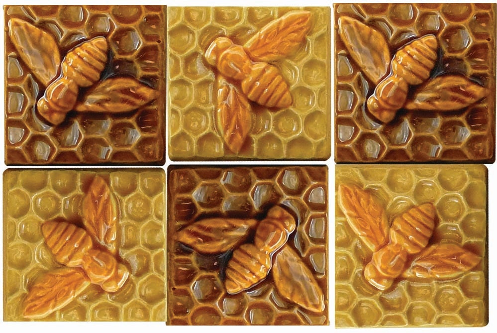 Ceramic 3 inch Bee Tiles in Amber and Apricot by HoneybeeCeramics