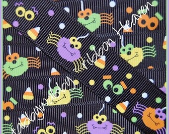 Spider Funky Eyes Halloween 7/8" Black Grosgrain Ribbon 5 Yards - TWRH
