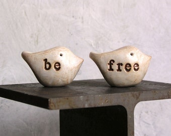 Handmade rustic clay gift ... Be Free ...Two handmade polymer clay birds ... Word Birds