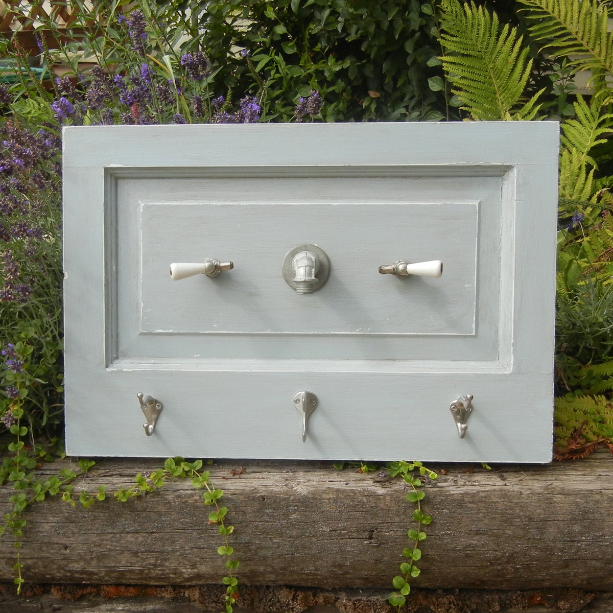 Vintage Faucet sign with 3 hooks on reclaimed wood in