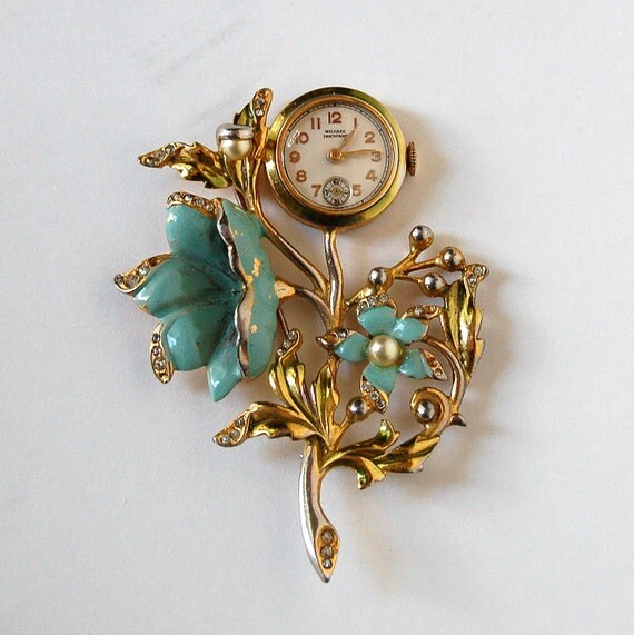 Vintage Welsbro Watch Brooch Enamel and Rhinestone Flowers