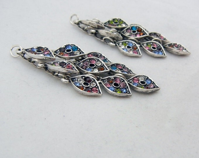 Pair of Antique Silver-tone Chandelier Drop Charms Multi-colored Rhinestones