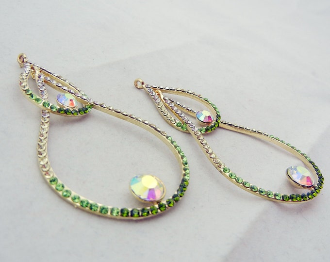 Pair of Gold-tone Green Peridot Rhinestones Teardrop Outline Charms