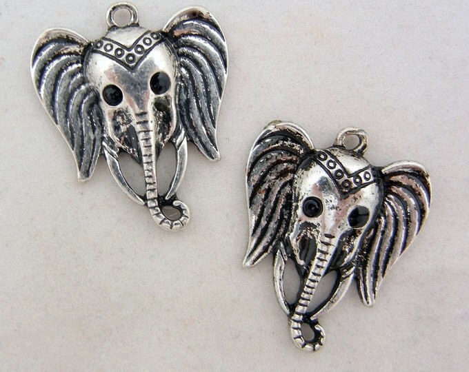 Antique Silver-tone Elephant Head Charms with Black Rhinestone Eyes