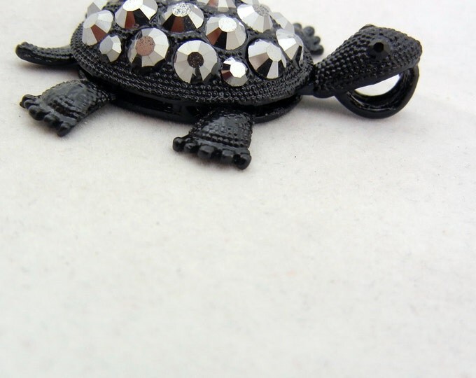 Black Epoxy Turtle Pendant Hematite Rhinestones