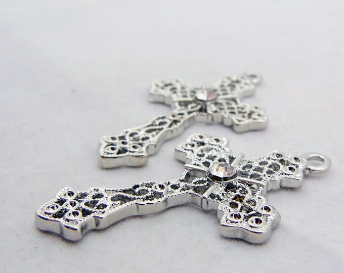 Pair of Silver-tone Filigree Cross Charms with Rhinestone Focal