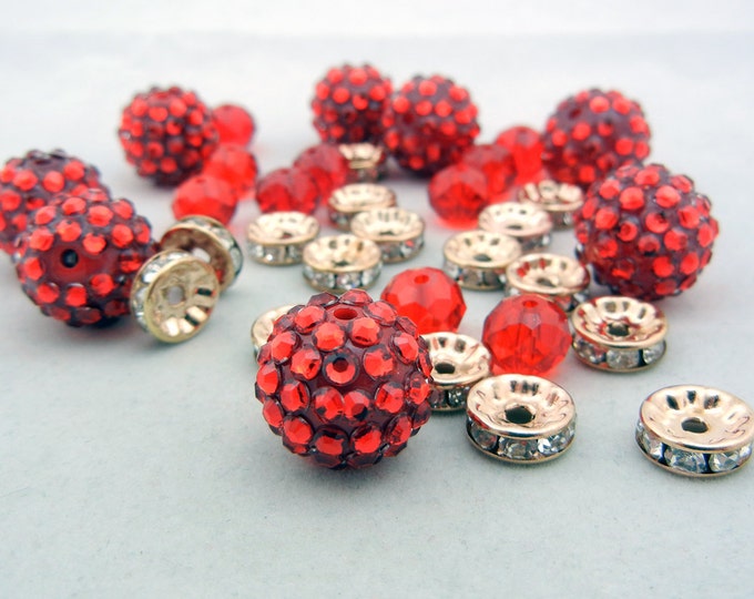 Set of Mixed Beads Red and Gold-tone