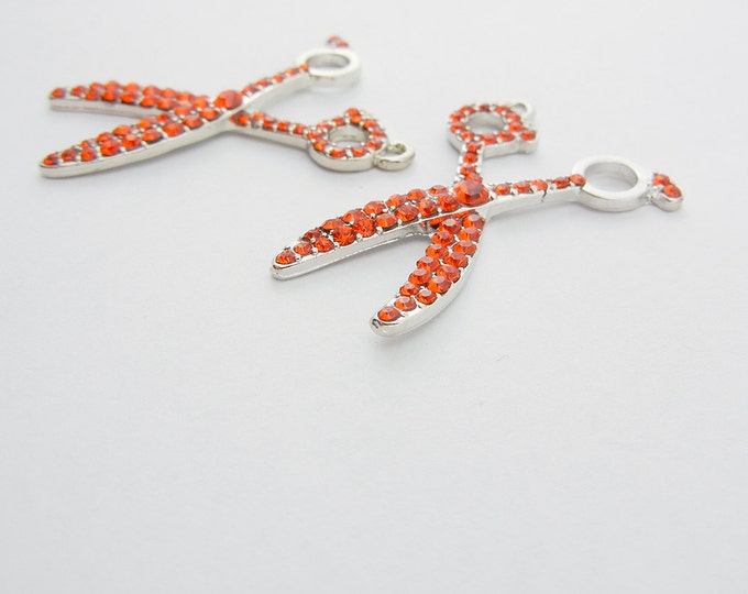 Pair of Silver-tone Red Orange Rhinestone Scissor Charms