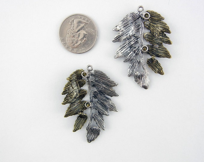 Pair of Two-tone Leaf Charms Rhinestone Vein Accented