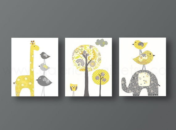 Kids wall art nursery art print baby nursery decor nursery print yellow gray elephant giraffe bird Tree Set of three prints by GalerieAnais