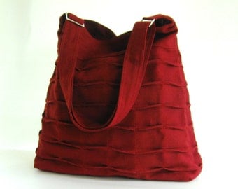 Sale - Deep Red Hemp/Cotton Bag, diaper bag, tote, pleats, purse - ROSANNE