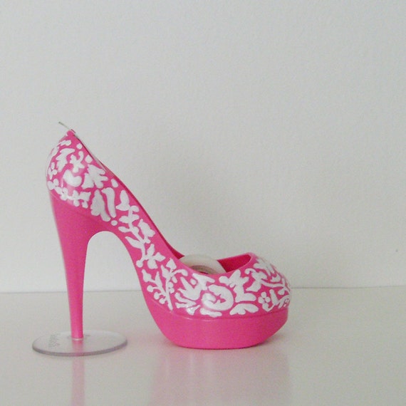 Pink Stiletto Shoe Tape Dispenser / Hand Painted White Floral
